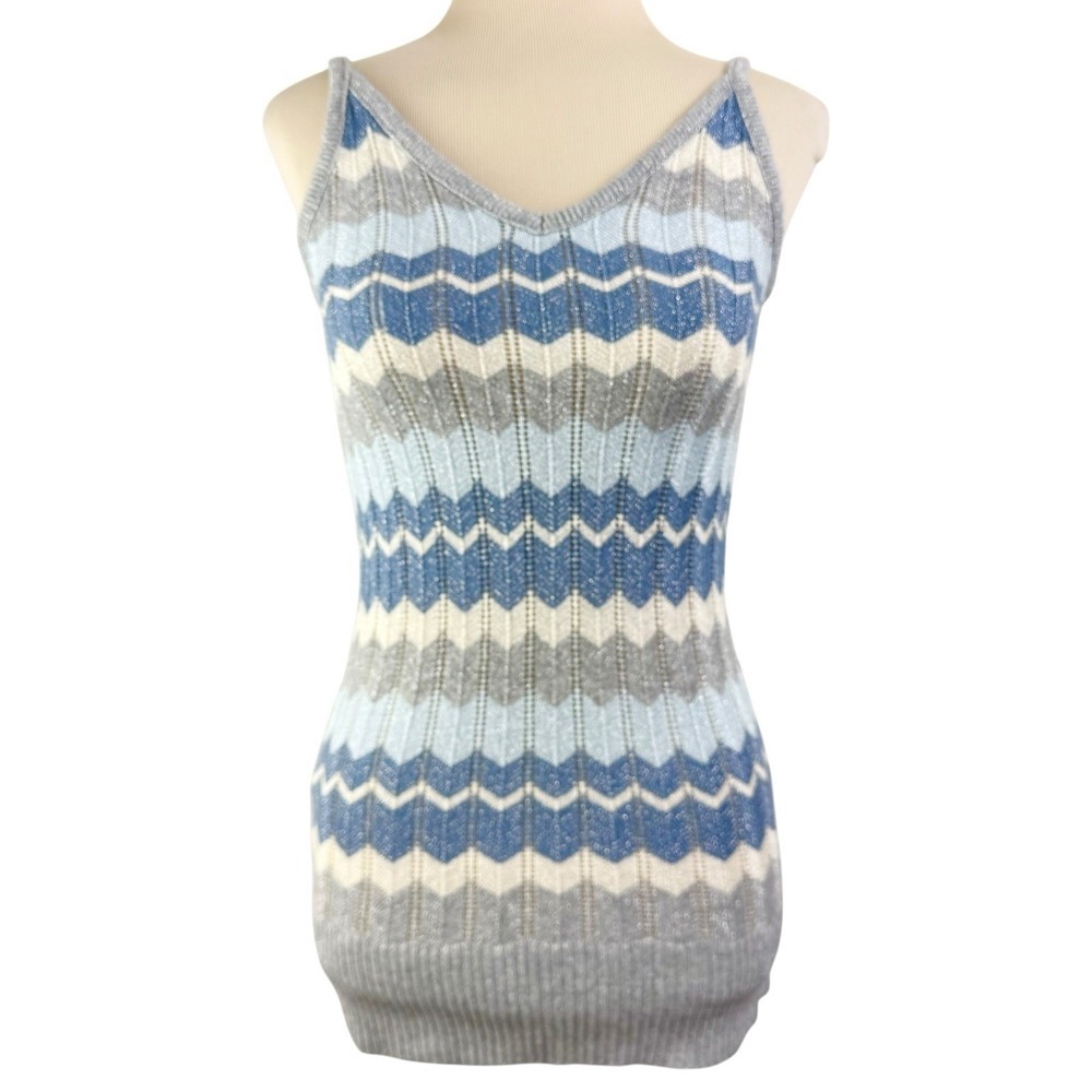 Y2K Chevron Silver Glitter Sweater Long TANK TOP S Preppy Academia Retro Fitted